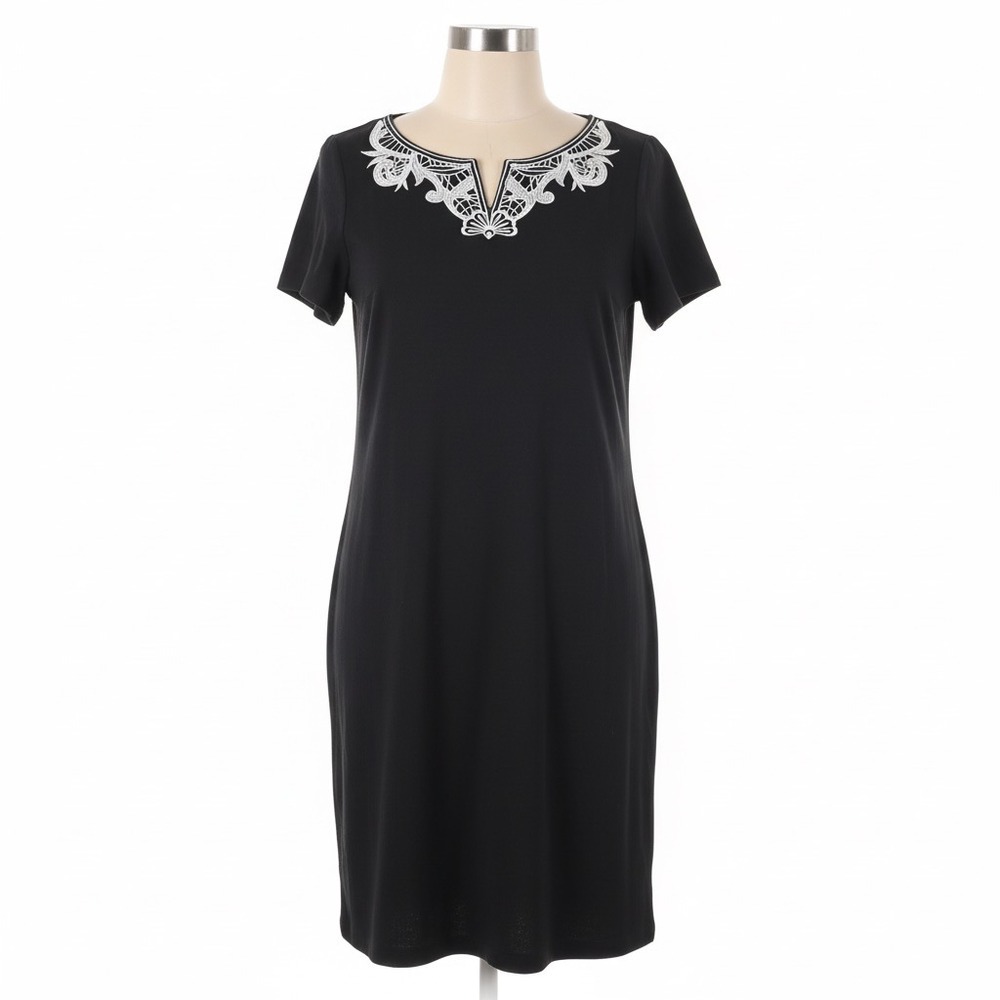 Talbots Dress Womens Medium Black White Embroidered Neckline Shift Boho Resort